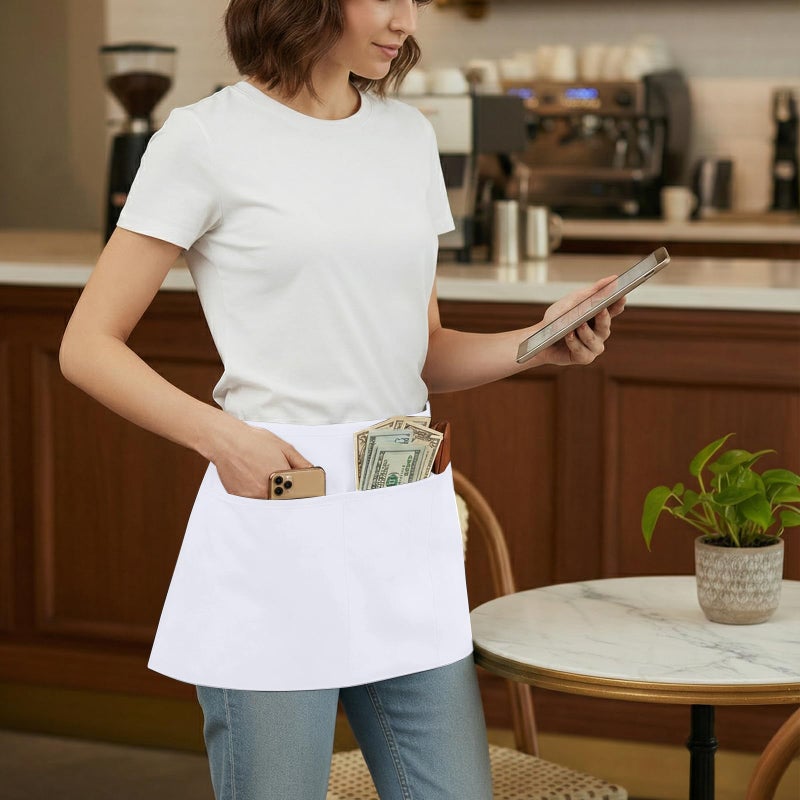 BOHARERS Waist Apron with 3 Pockets - White Waitress Waiter Server Short Apron - Image 3